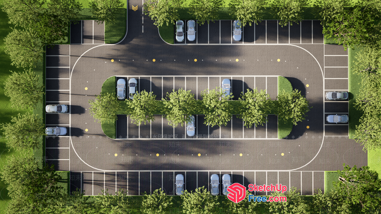 Parked Cars And Trees In A Parking Lot 3D SketchUp File