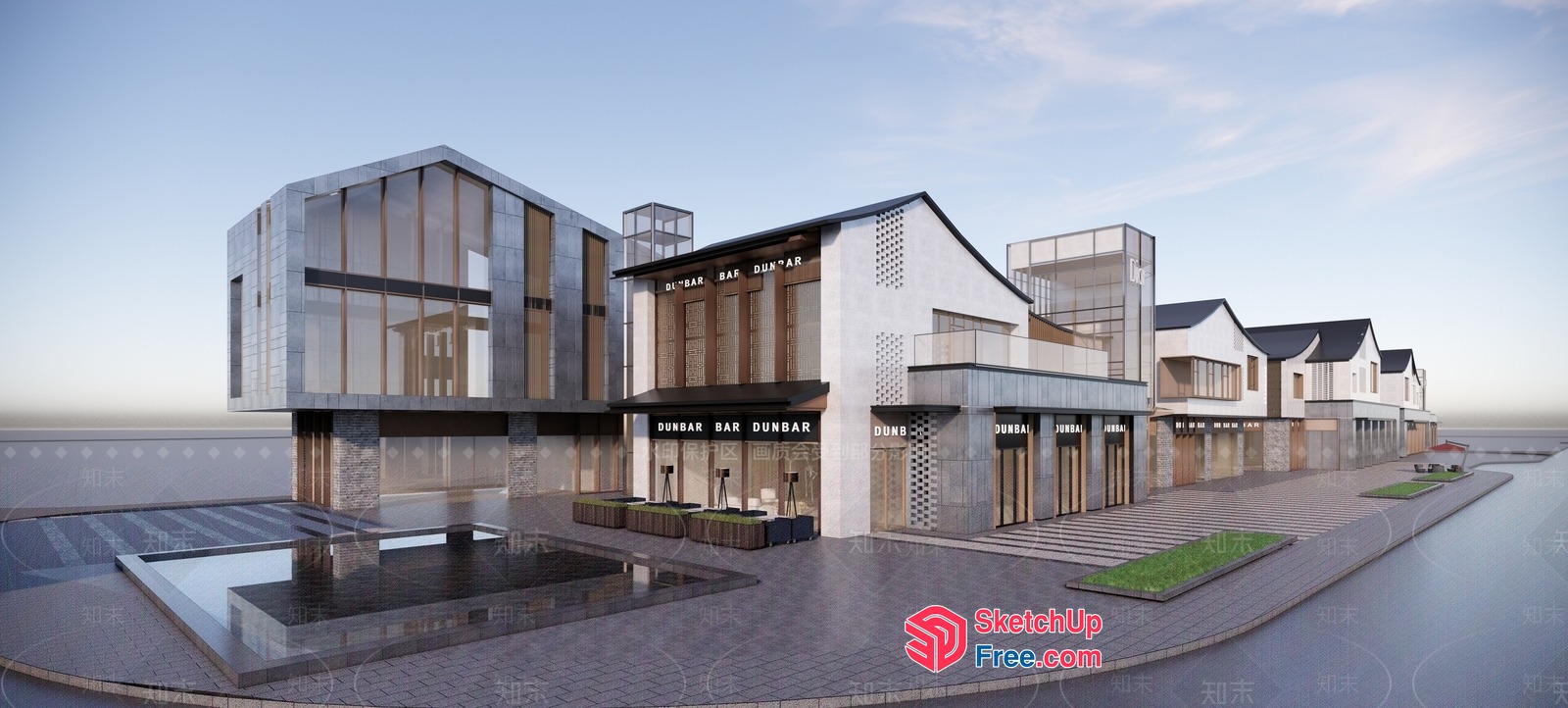 Modern Commercial Street With Glass Curtain Wall 3D SketchUp File