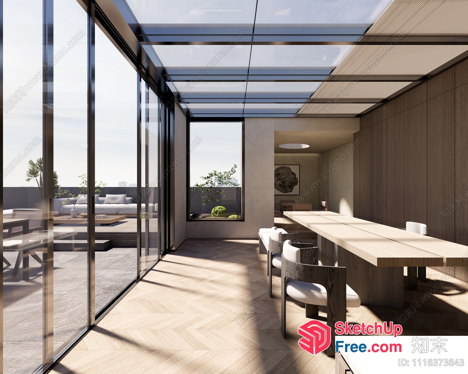 Modern Minimalist Dining Room With Glass Curtain Wall 3D SketchUp File
