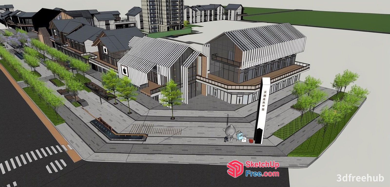 Modern Commercial Street With Villas And Industrial Park 3D SketchUp File