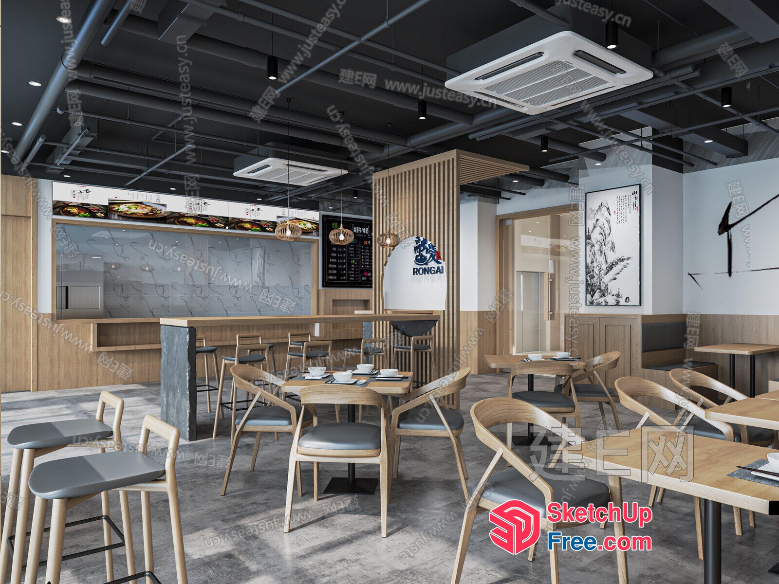Modern Restaurant Interior With Rongai Sign And Wood Accents 3D SketchUp File