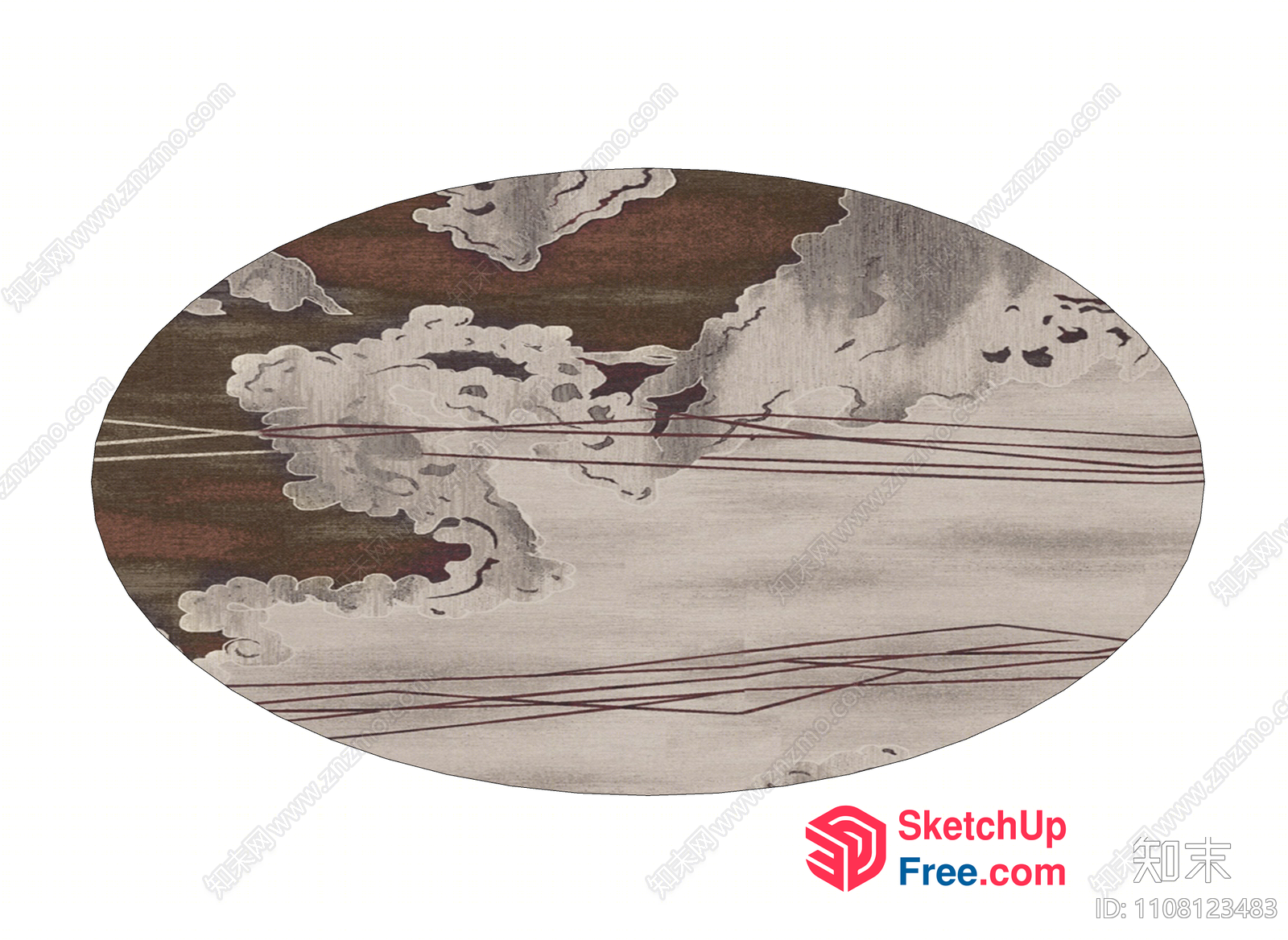 Japanese Style Clouds And Lines On Oval Rug 3D SketchUp File