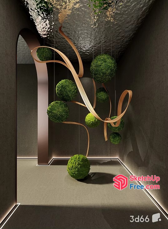 Hanging Green Moss Balls With Curved Wooden Strips 3D SketchUp File