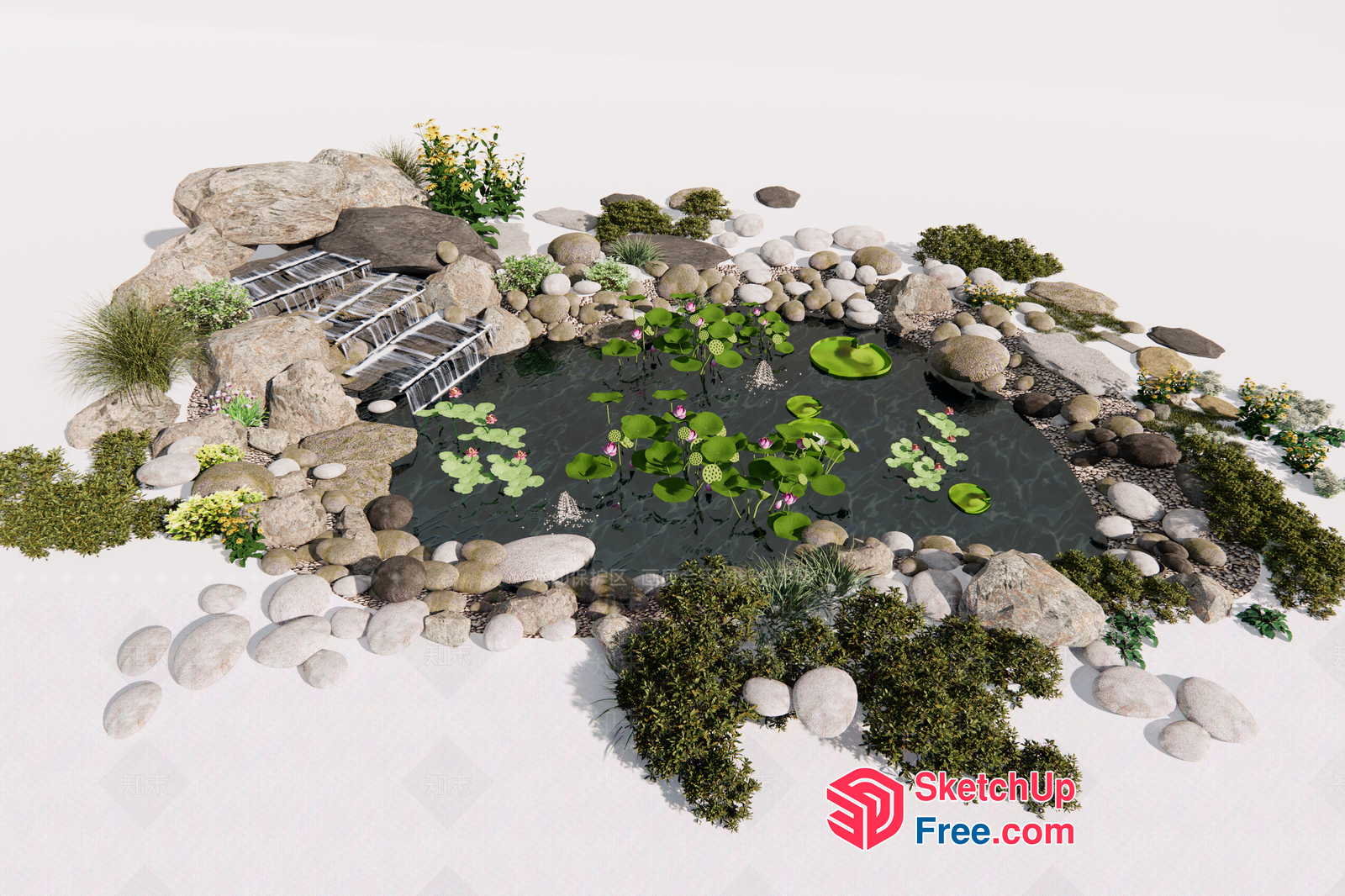 Serene Waterfall Pond With Lush Greenery And Flowers 3D SketchUp File