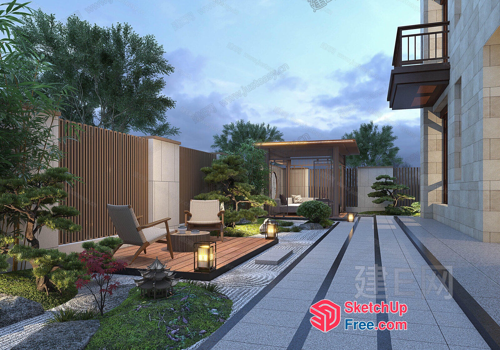 Elegant Japanese-Style Villa Exterior 3D SketchUp File