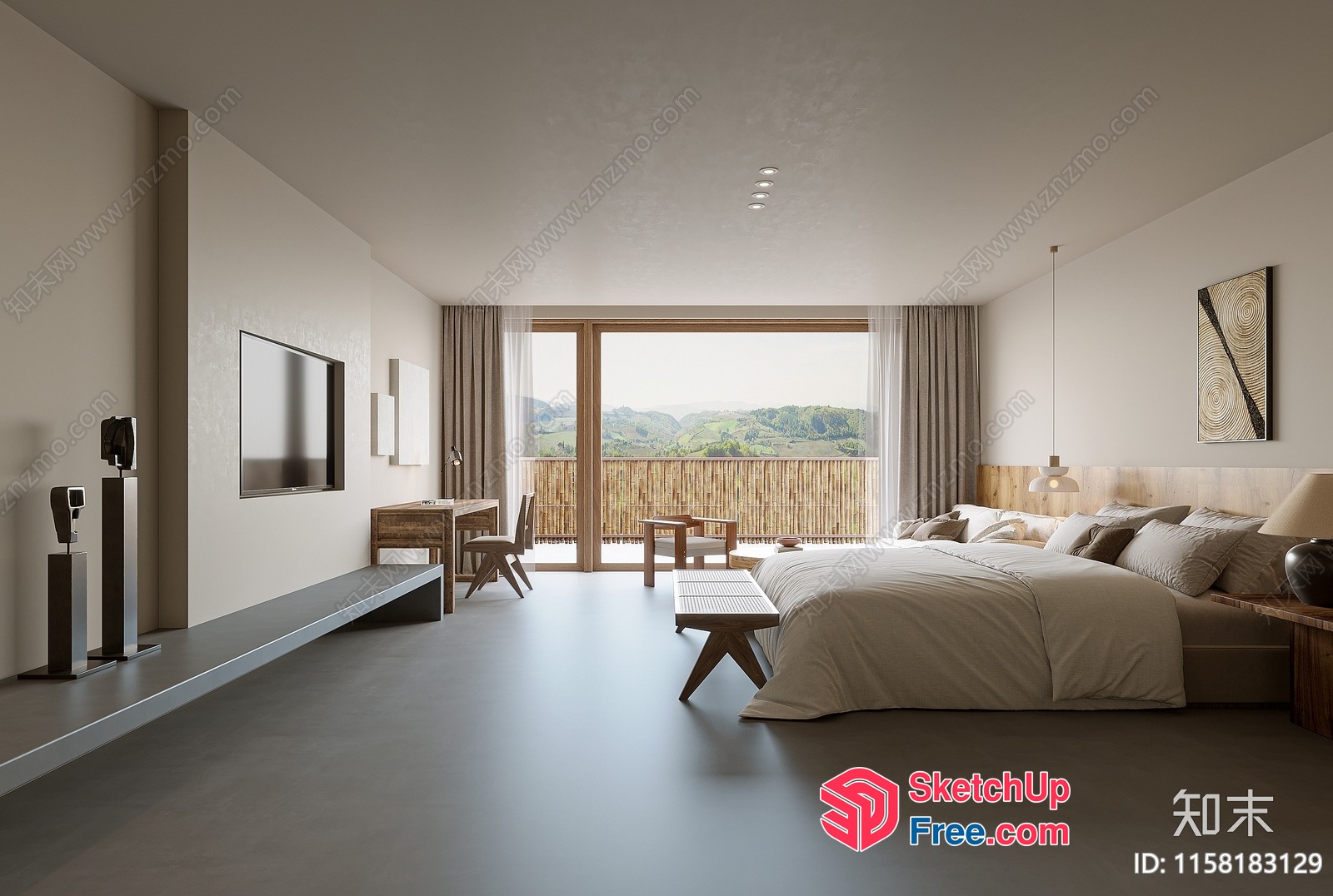Modern Minimalist Bedroom With Balcony View 3D SketchUp File