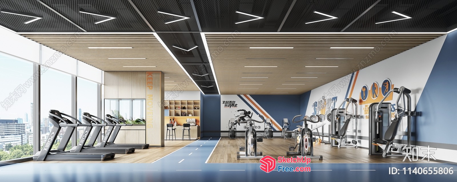 Modern Gym With City View And Blue And White Decor 3D SketchUp File