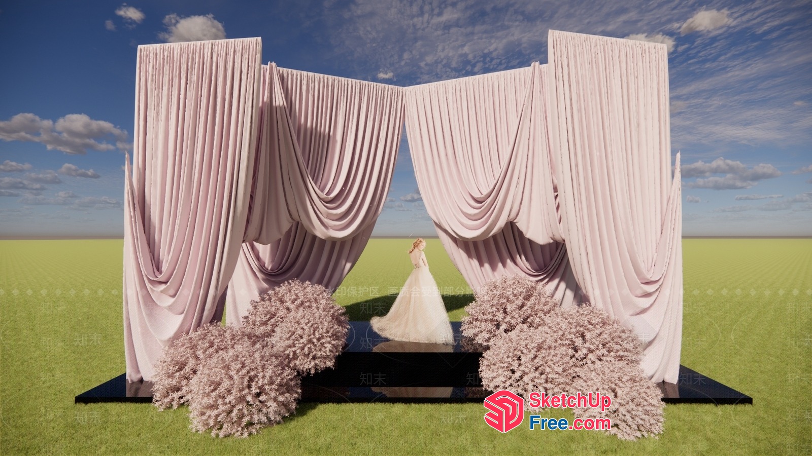 Elegant Wedding Stage With White Curtains And Flowers 3D SketchUp File