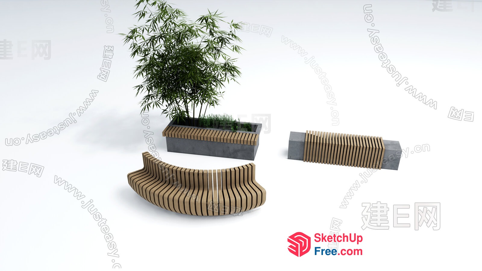 Curved Wooden Bench With Planters 3D SketchUp File