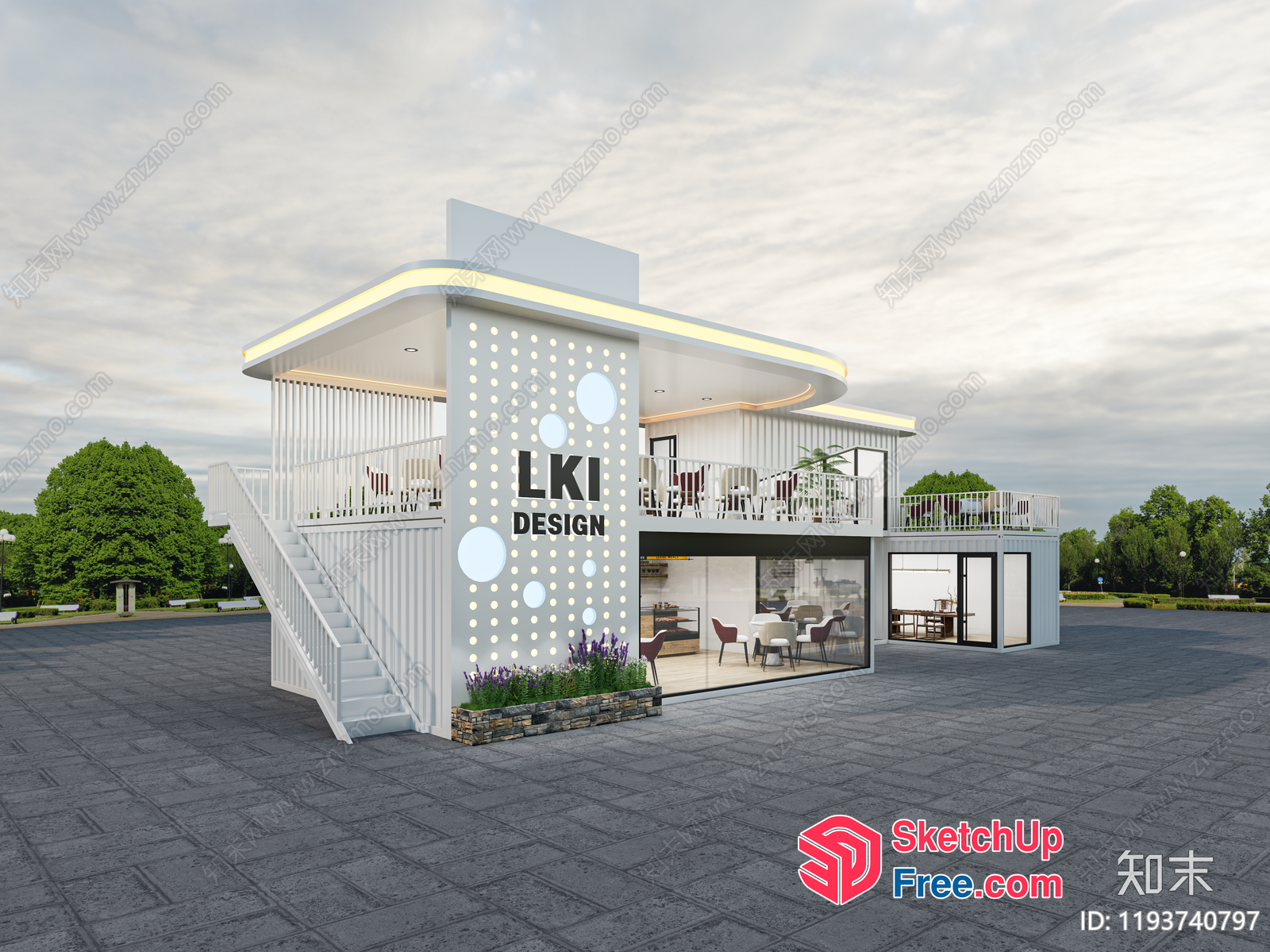 Exterior Of Modern Building With Stairs And Glass Curtain Wall 3D SketchUp File