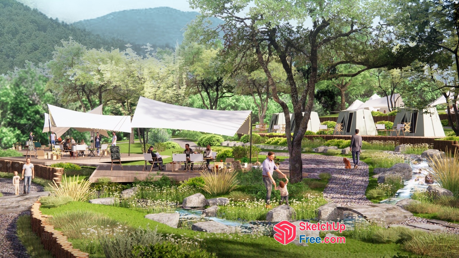 Outdoor Recreation Area With Tents And Water Feature 3D SketchUp File