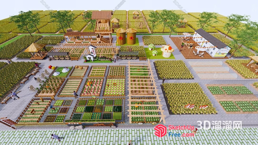 3D Rendering Of A Farm With Various Buildings And Greenhouses 3D SketchUp File