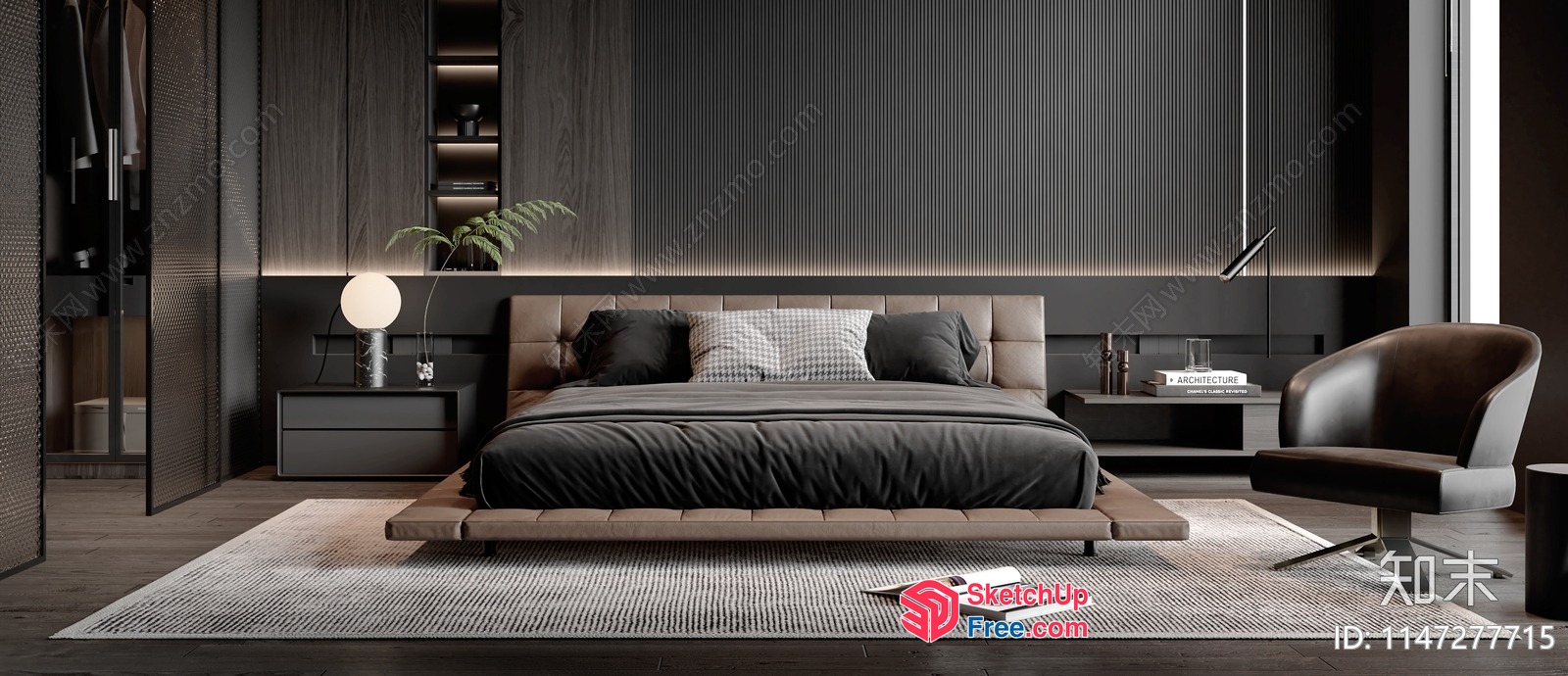 Modern Minimalist Bedroom With Dark Wood Accents 3D SketchUp File