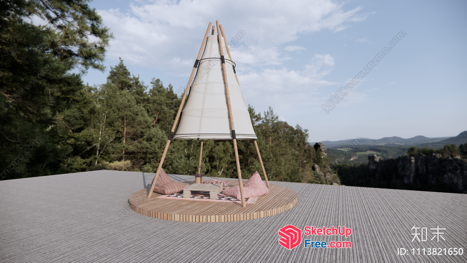 Outdoor Seating Area With Teepee Structure And Fireplace 3D SketchUp File
