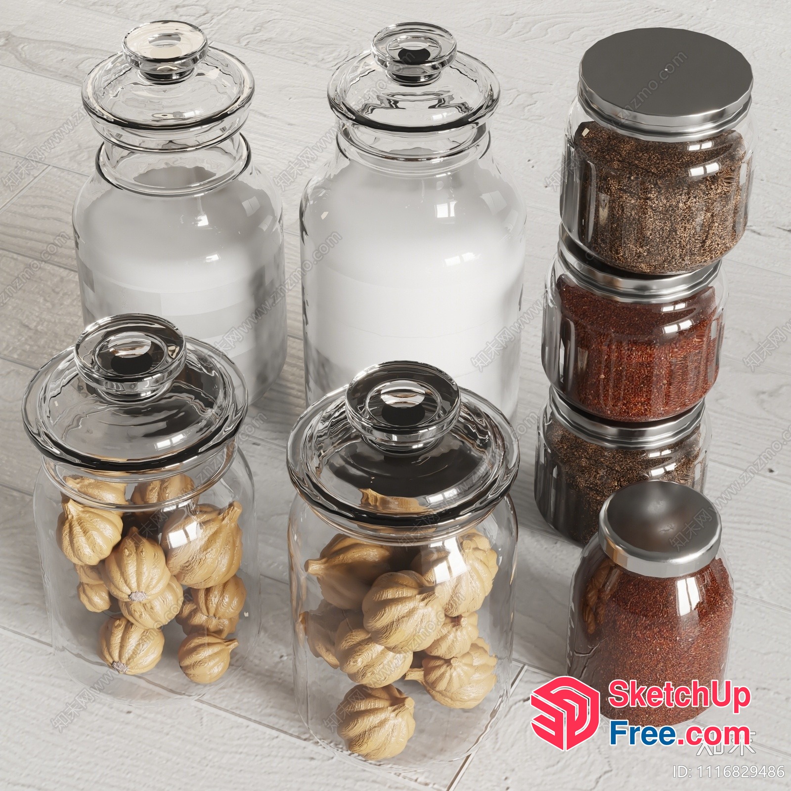 Glass Jars And Spices On A White Wooden Table 3D SketchUp File