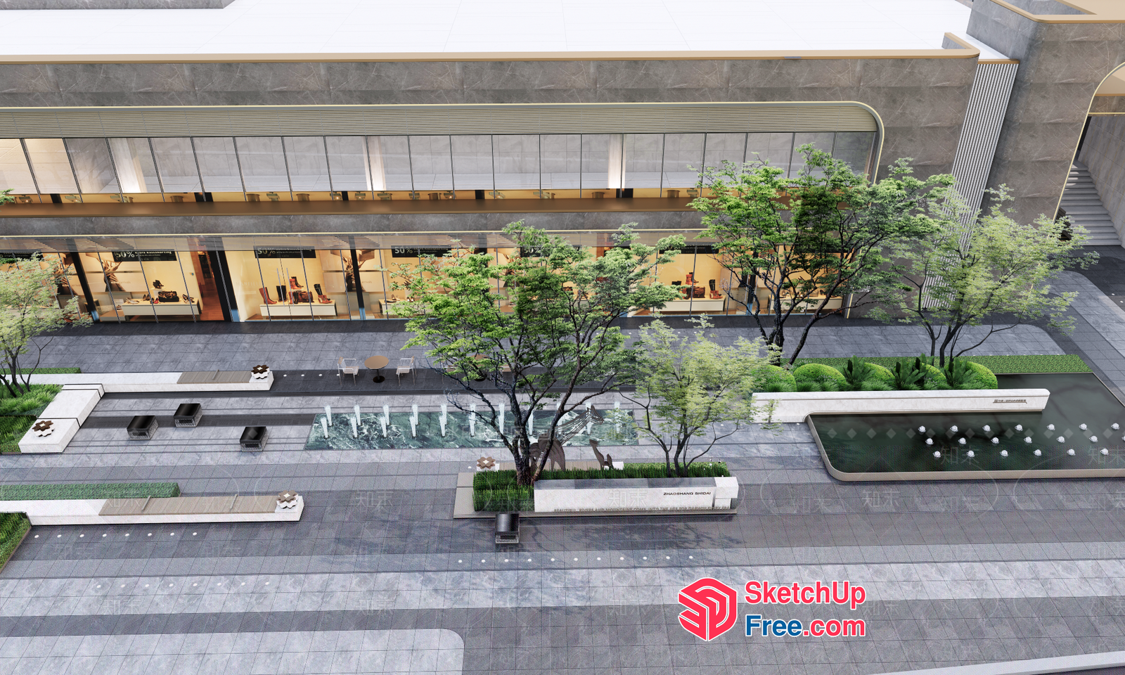 Modern Commercial Street With Elegant Fountain And Trees 3D SketchUp File