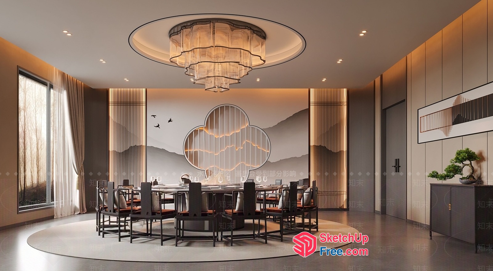 Elegant Dining Room With Modern Chandelier And Table 3D SketchUp File