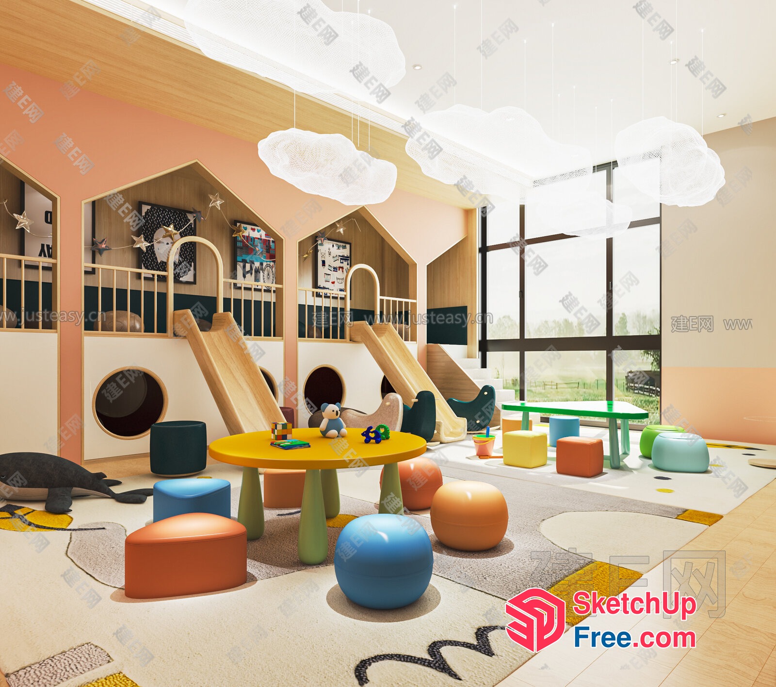 Colorful Playground Interior With Play Equipment And Animal Decorations 3D SketchUp File