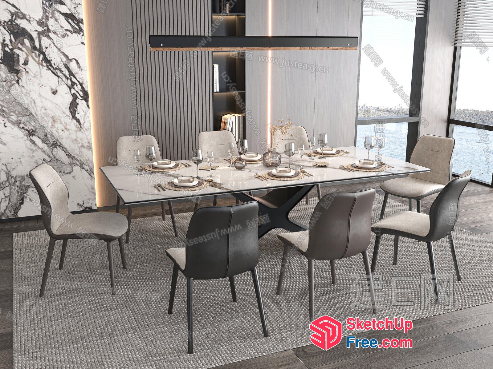 Modern Dining Room With Glass Table And Chairs 3D SketchUp File