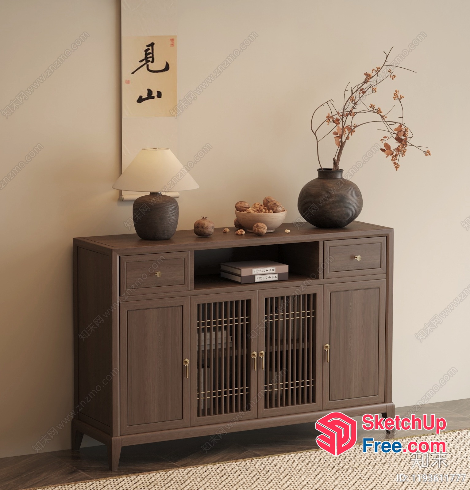 Elegant Wooden Sideboard With Asian-Inspired Decor 3D SketchUp File