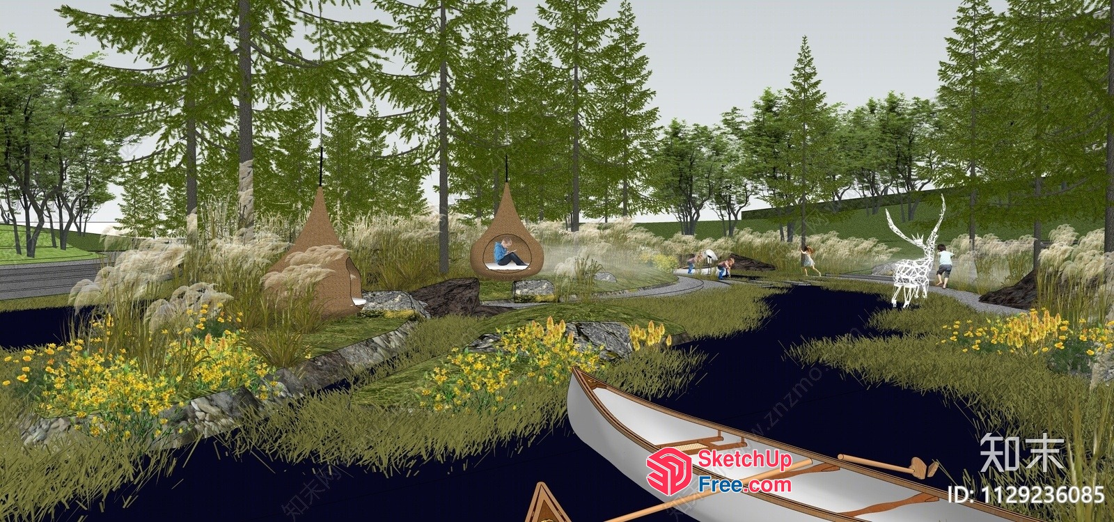 Serene Outdoor Oasis With Canoe And Lush Greenery 3D SketchUp File