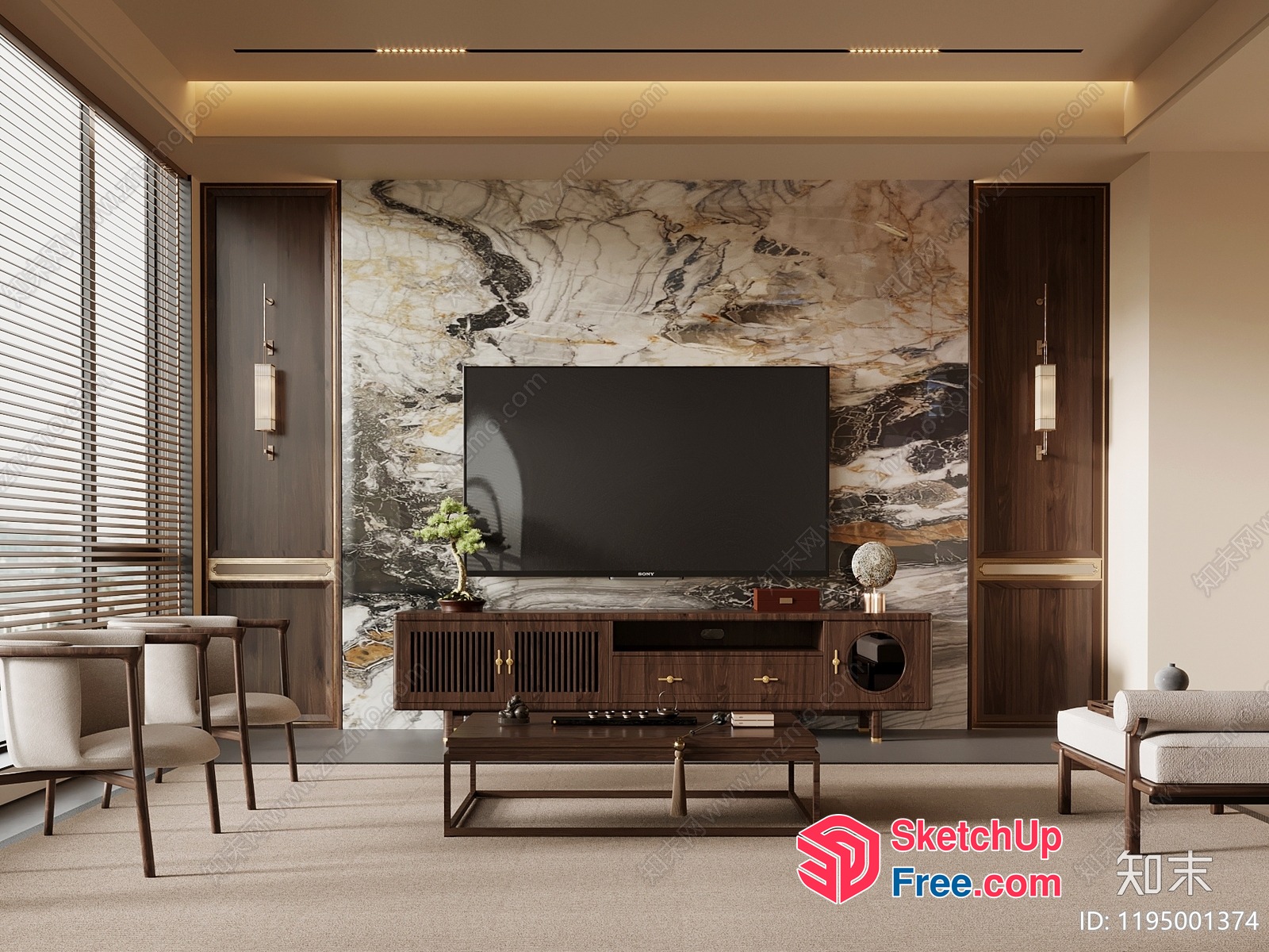 Elegant Modern Living Room With Sleek Tv Stand And Marble Wall 3D SketchUp File