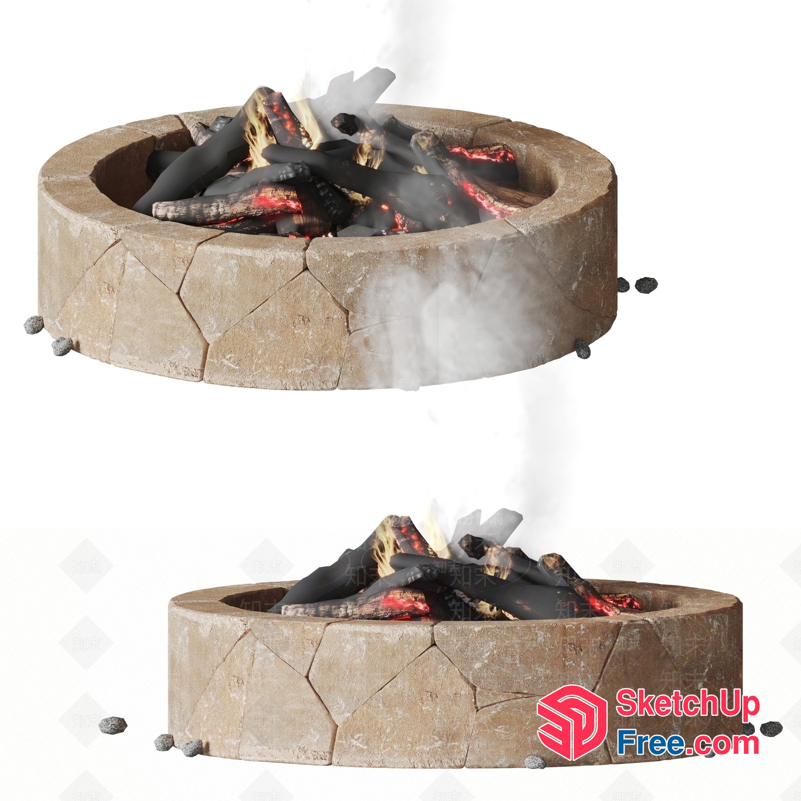 Stone Fire Pit With Burning Logs 3D SketchUp File