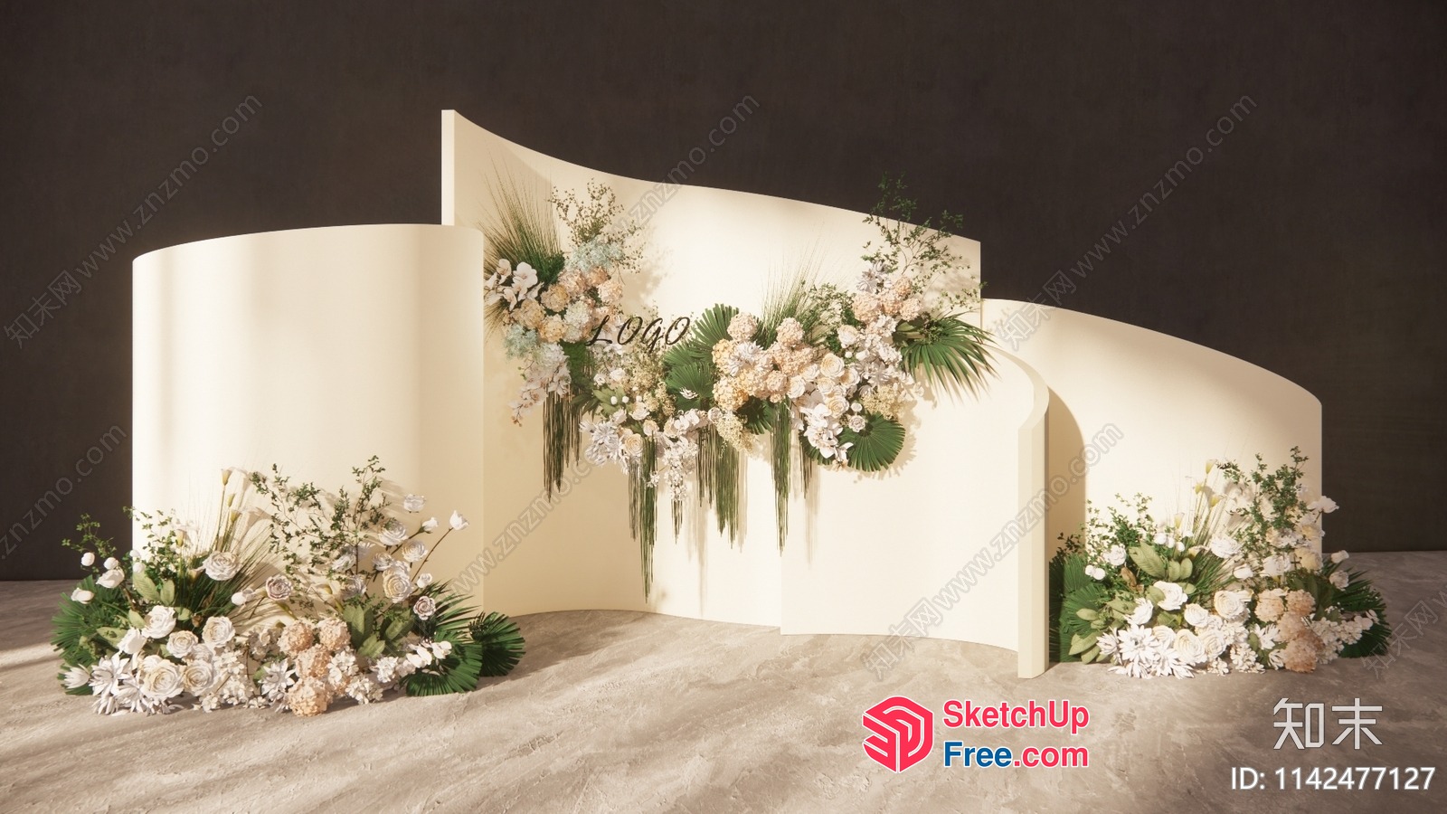 Elegant White And Green Floral Decor With Curved Backdrop 3D SketchUp File
