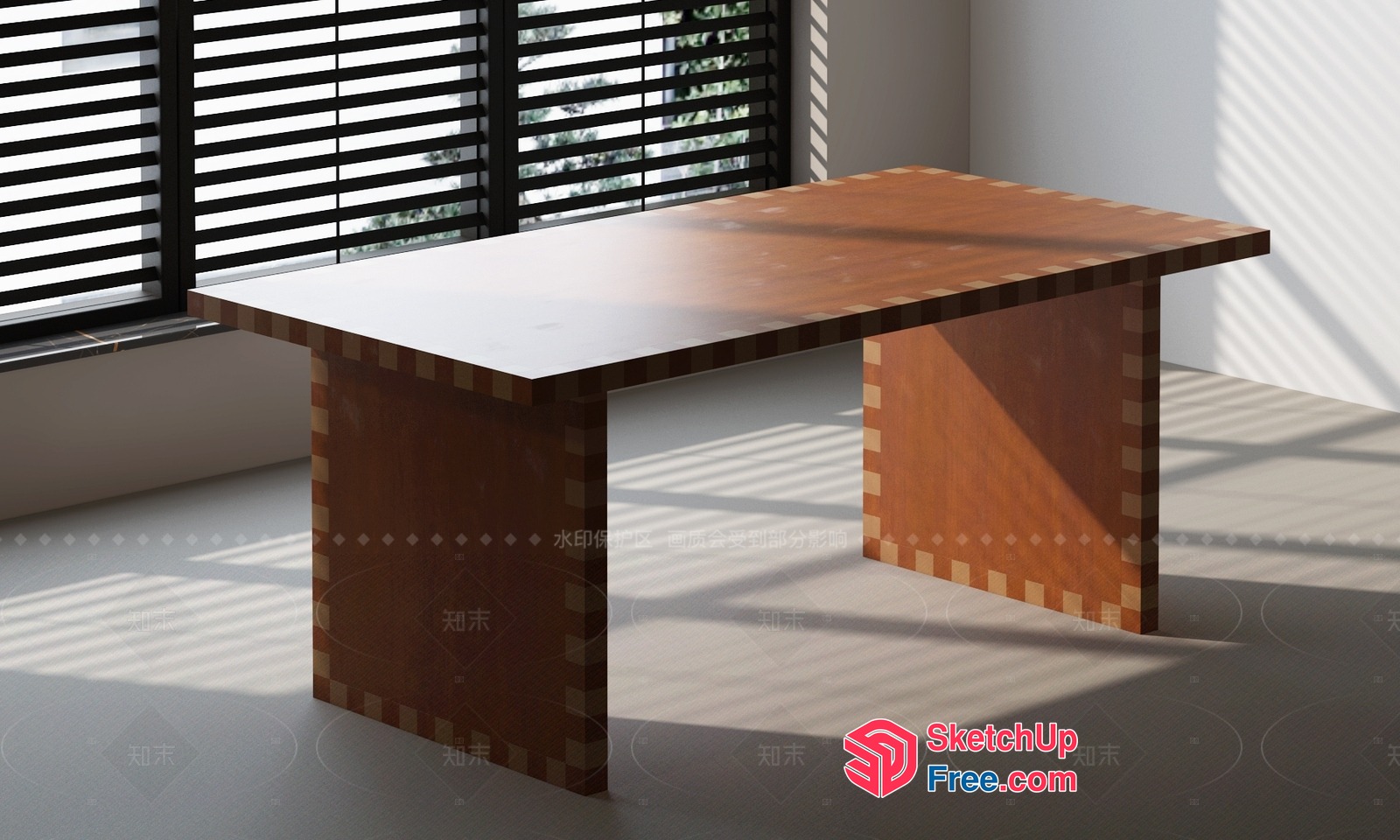 Wooden Table With Geometric Pattern On Legs And Tabletop 3D SketchUp File