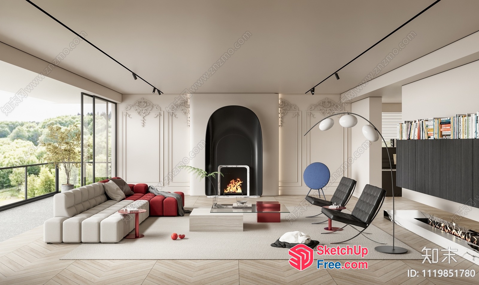 Modern Minimalist Living Room With Fireplace And Large Windows 3D SketchUp File