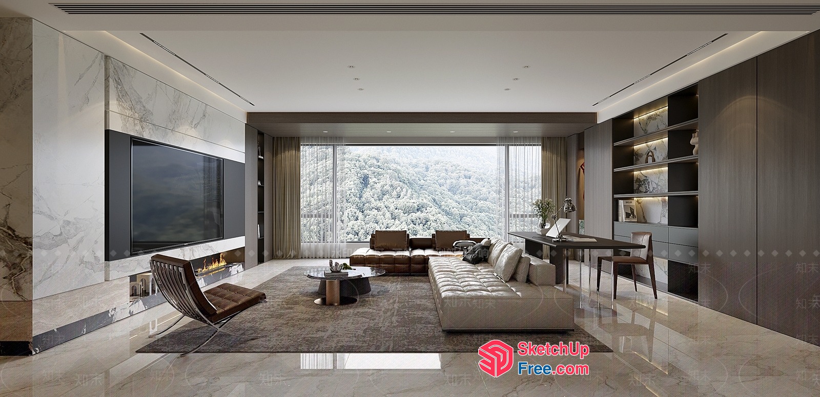 Modern Luxury Living Room With Fireplace And Tv 3D SketchUp File