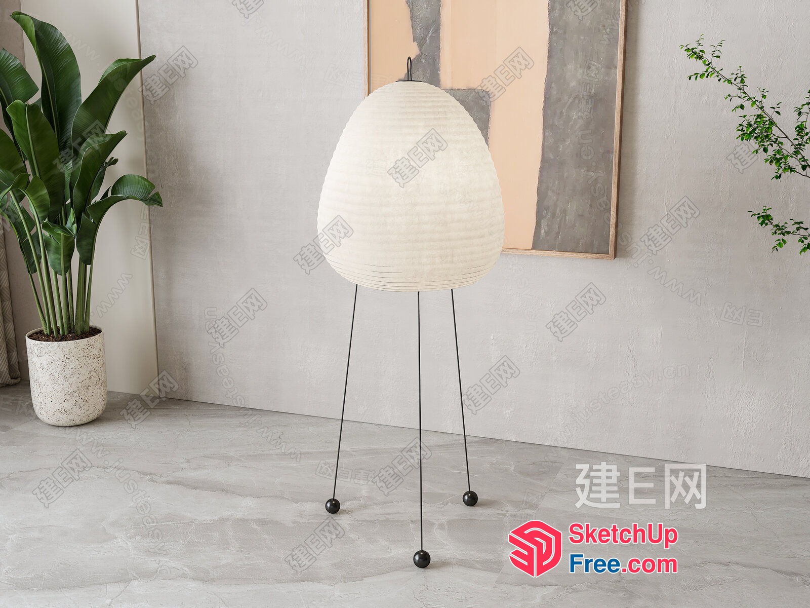 Modern Japanese-Style White Paper Lantern On Black Stand 3D SketchUp File