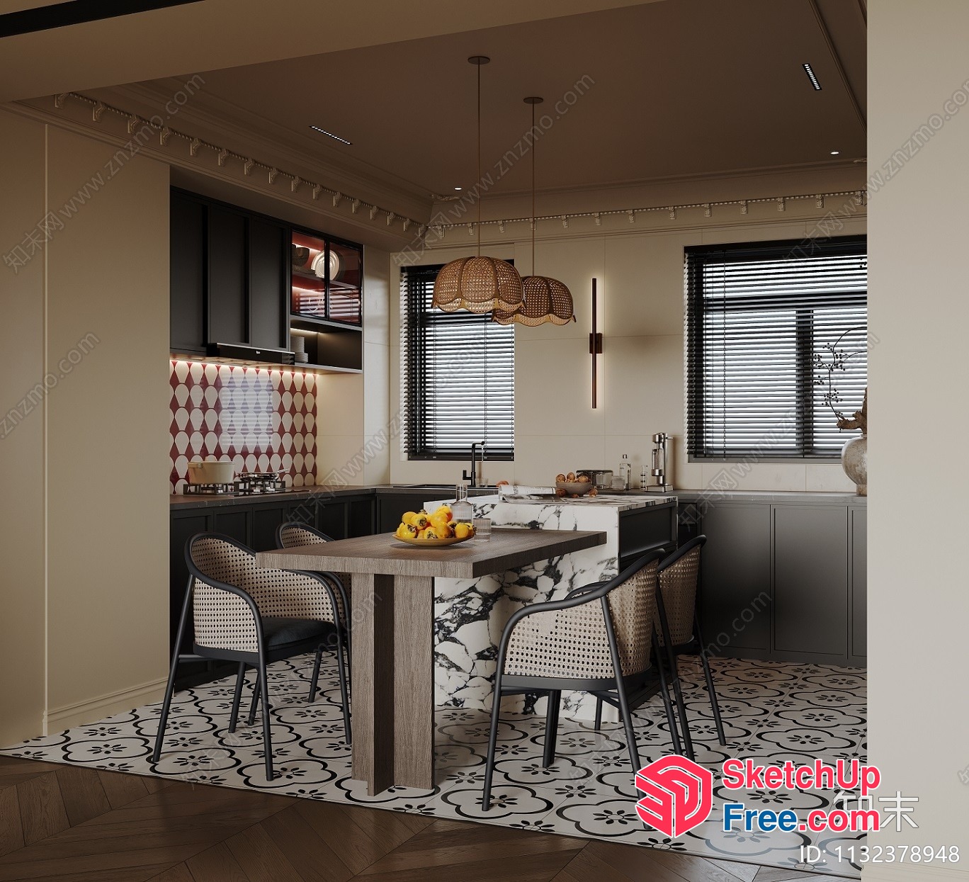 Modern Kitchen With Patterned Floor Tiles 3D SketchUp File