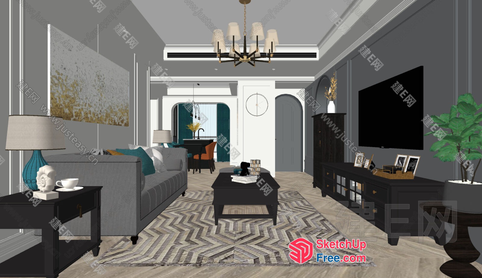 Modern Living Room With Grey Sofa And Patterned Rug 3D SketchUp File