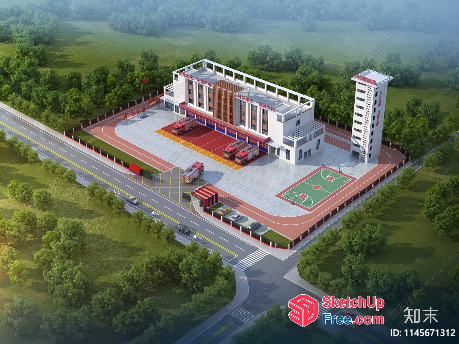 Aerial View Of A Modern Building With A Basketball Court 3D SketchUp File