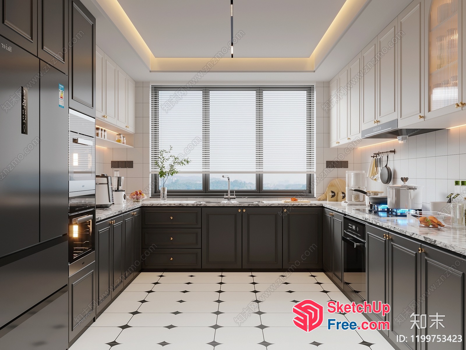 Modern Kitchen With White And Grey Tiles And Cabinets 3D SketchUp File