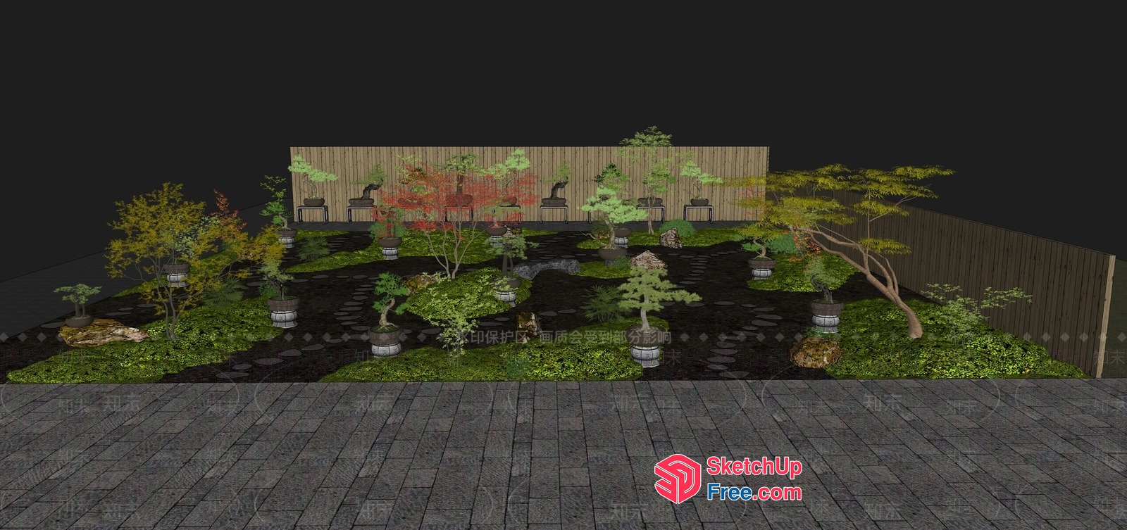Japanese Style Garden With Potted Plants And Trees 3D SketchUp File