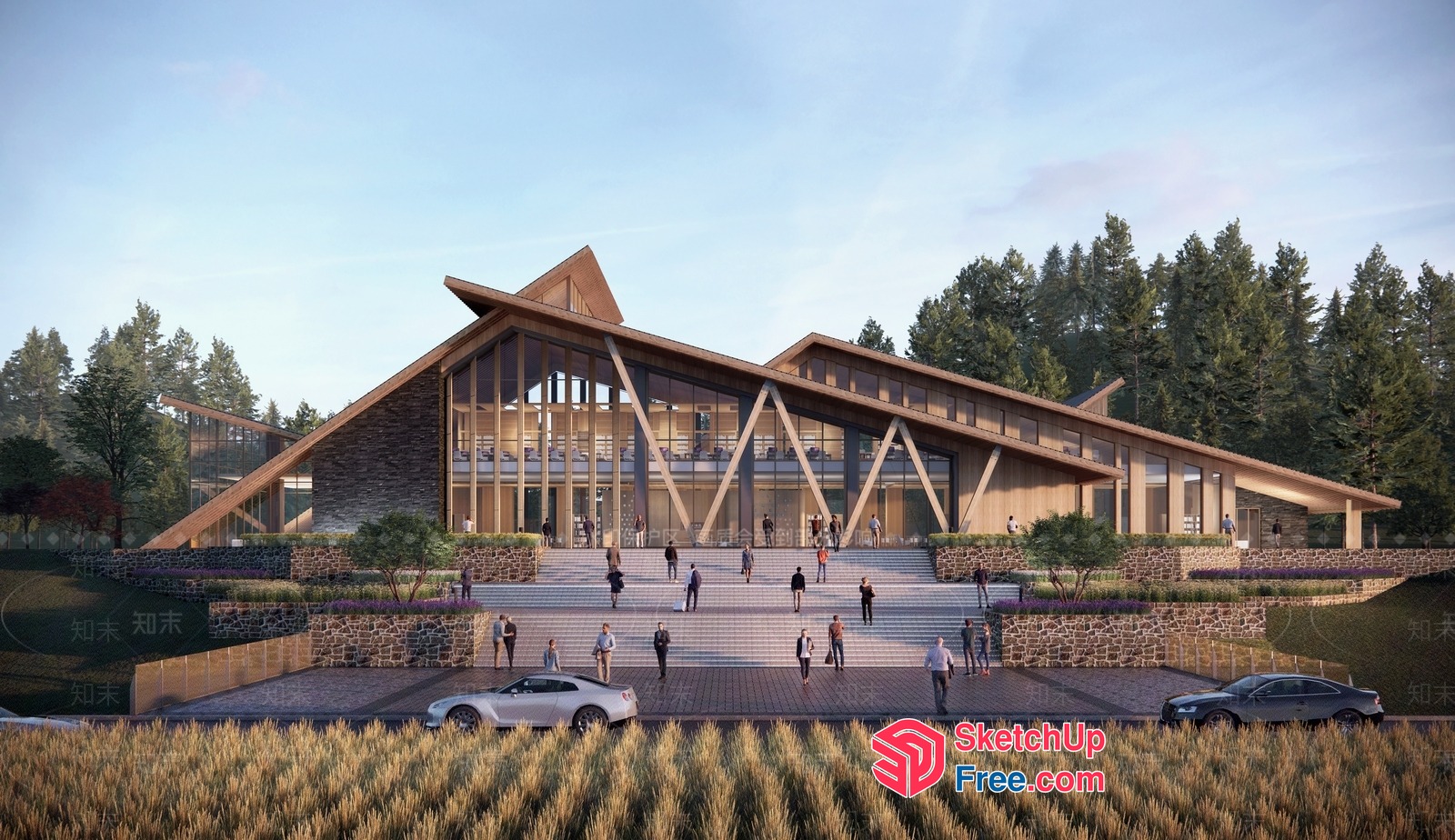 Modern Wooden Building With Glass Walls And Roof 3D SketchUp File
