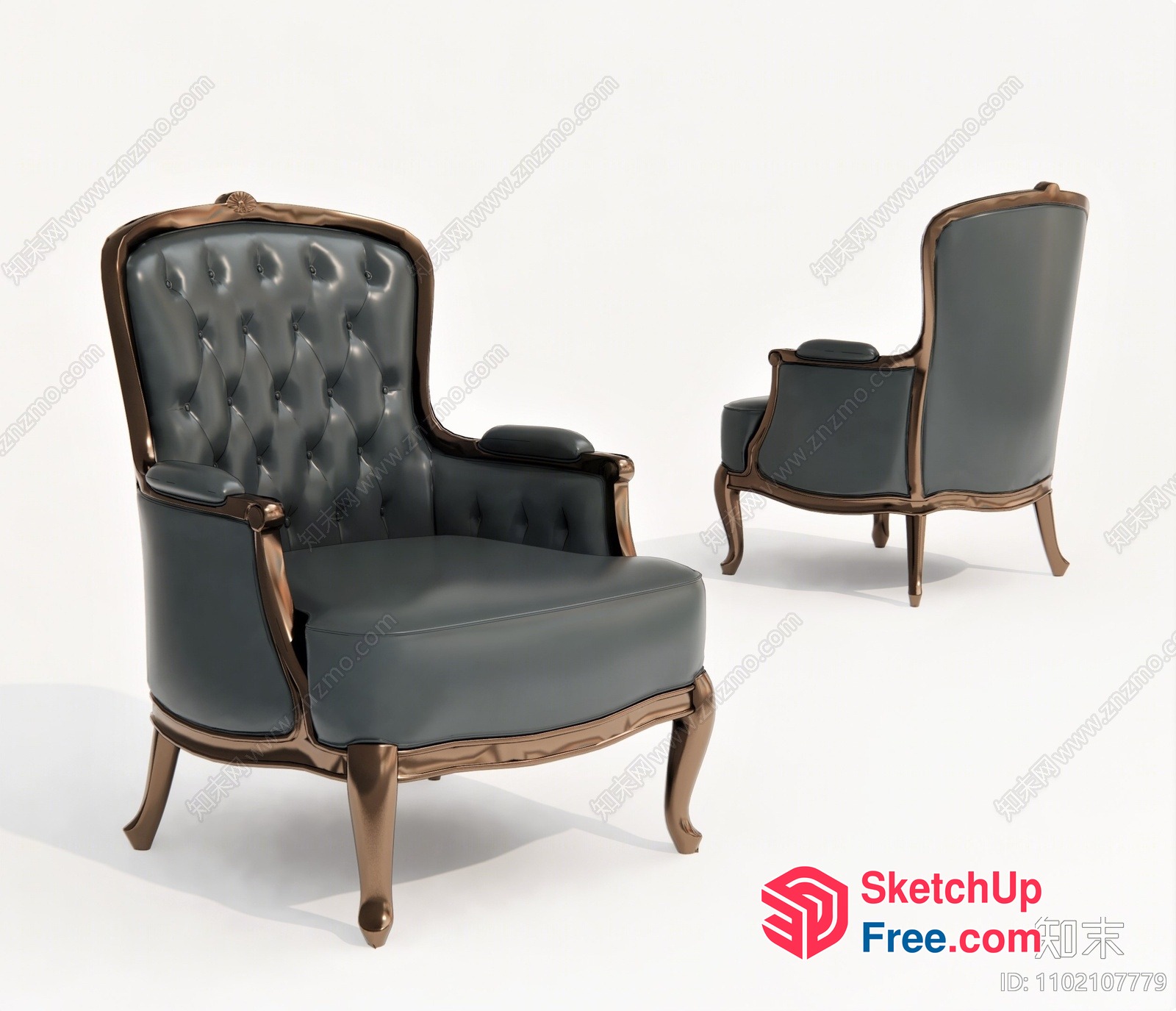 Classic Grey Leather Armchair With Ornate Wood Frame 3D SketchUp File