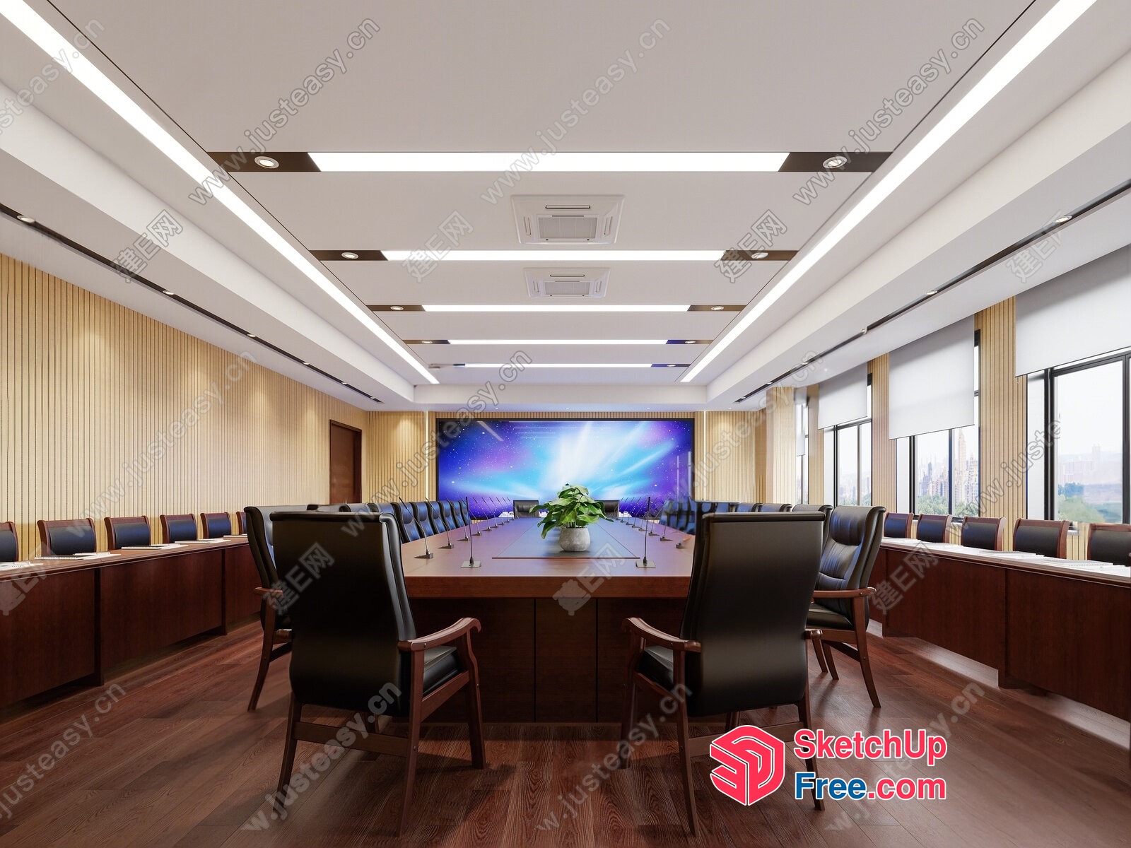 Conference Room With Large Screen And Wooden Table 3D SketchUp File