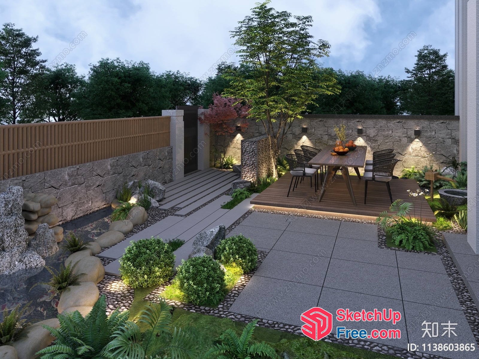 Outdoor Dining Area With Natural Stone Walls And Water Feature 3D SketchUp File