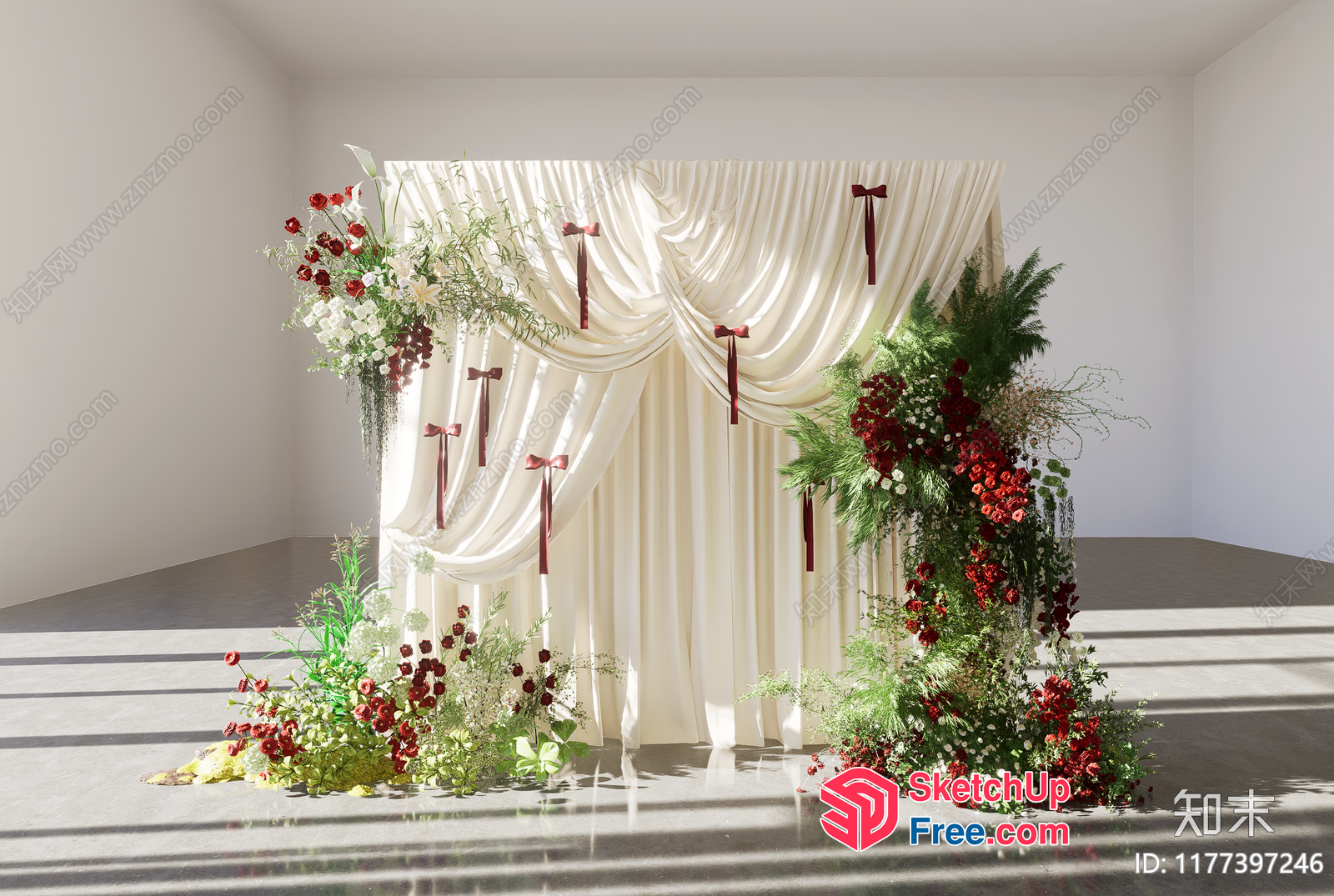 Elegant Floral Arrangement With Creamy Curtains And Pillars 3D SketchUp File