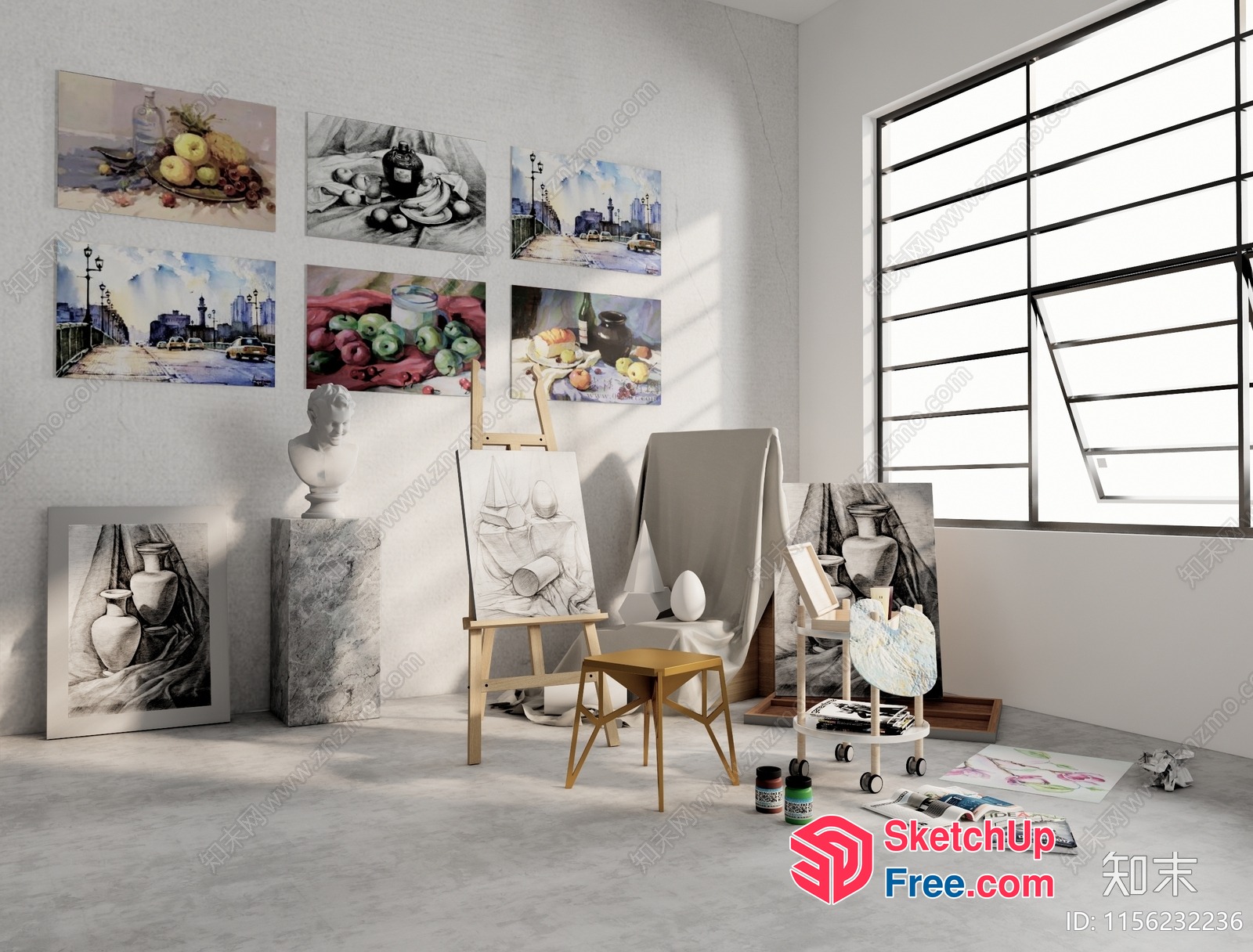 Artistic Still Life Arrangement With Bust And Easel 3D SketchUp File