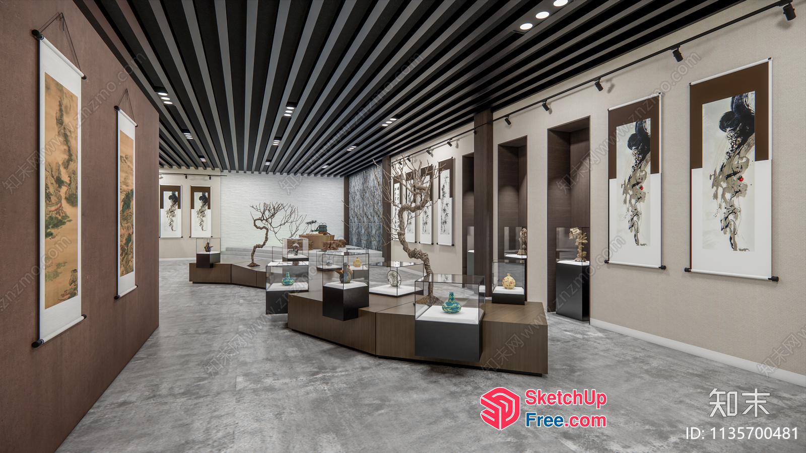 Asian-Inspired Art Gallery With Modern Ceiling 3D SketchUp File