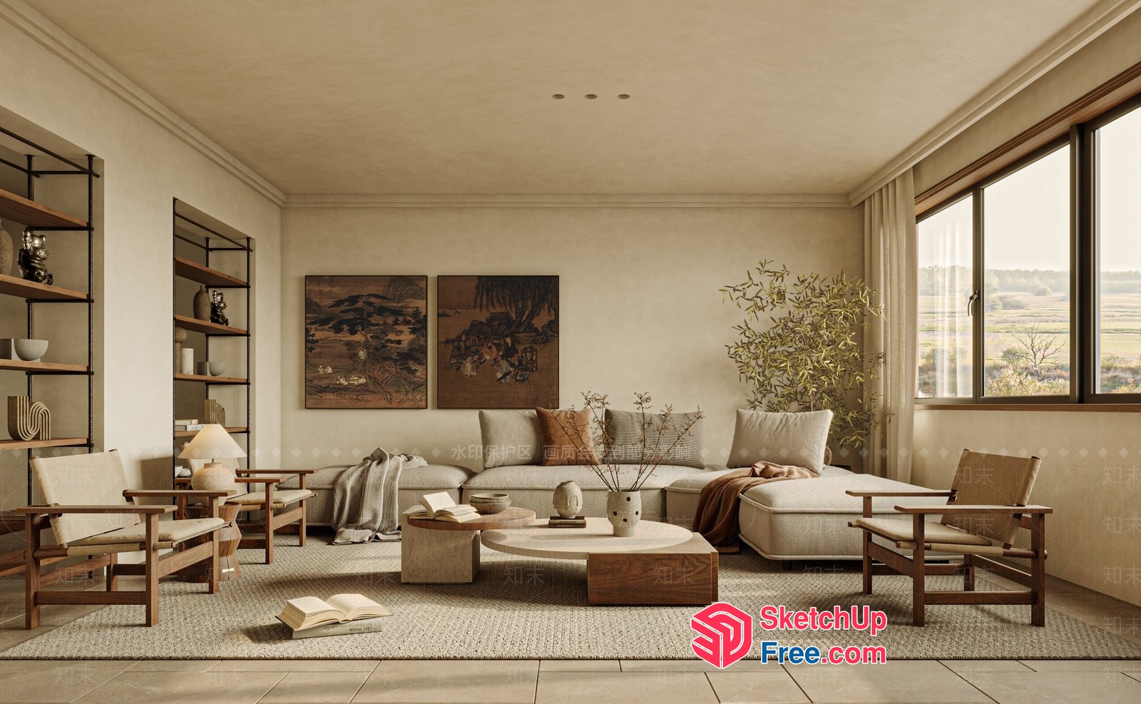 Elegant And Modern Living Room Design With Natural Elements 3D SketchUp File