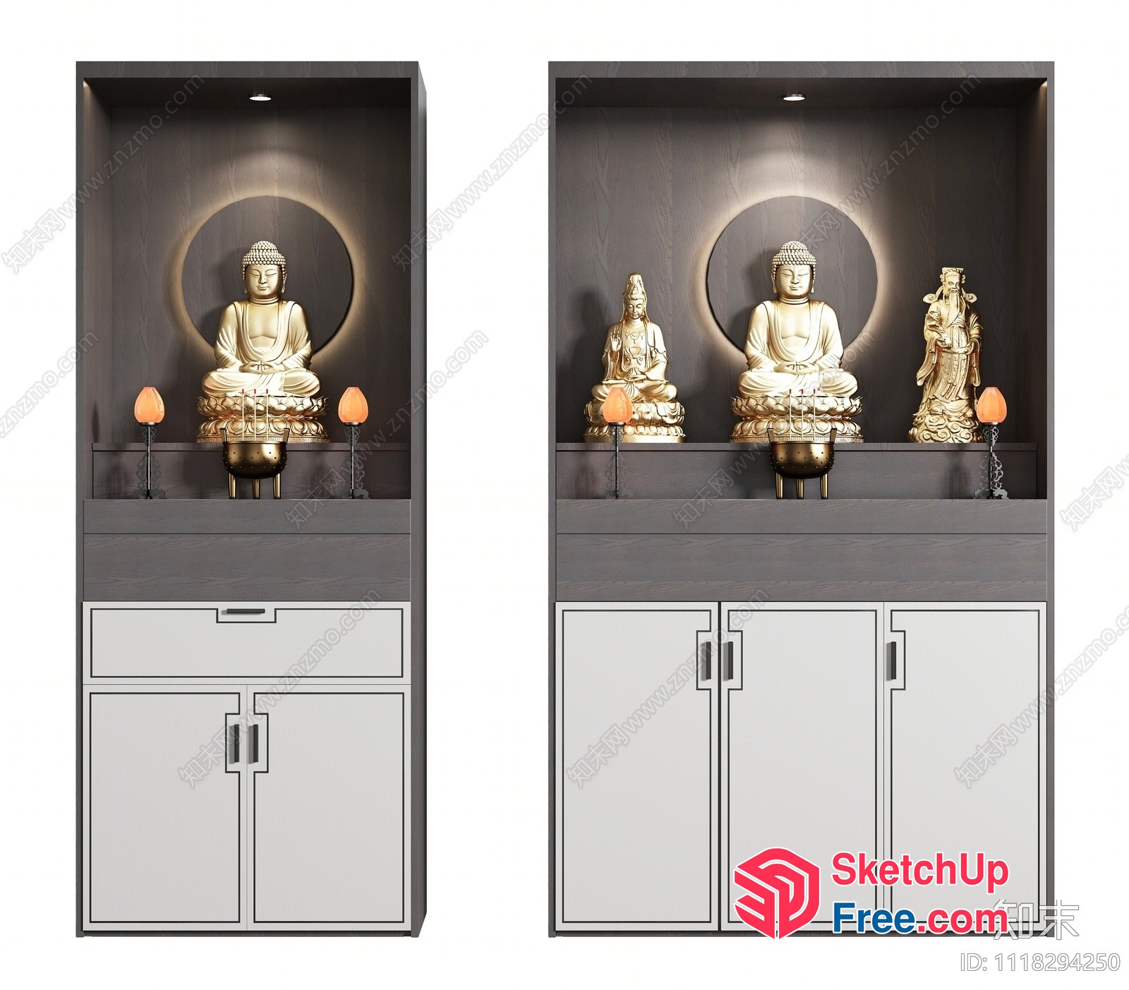 Buddha Statues In A Dark Room With Gray Cabinets And Drawers 3D SketchUp File