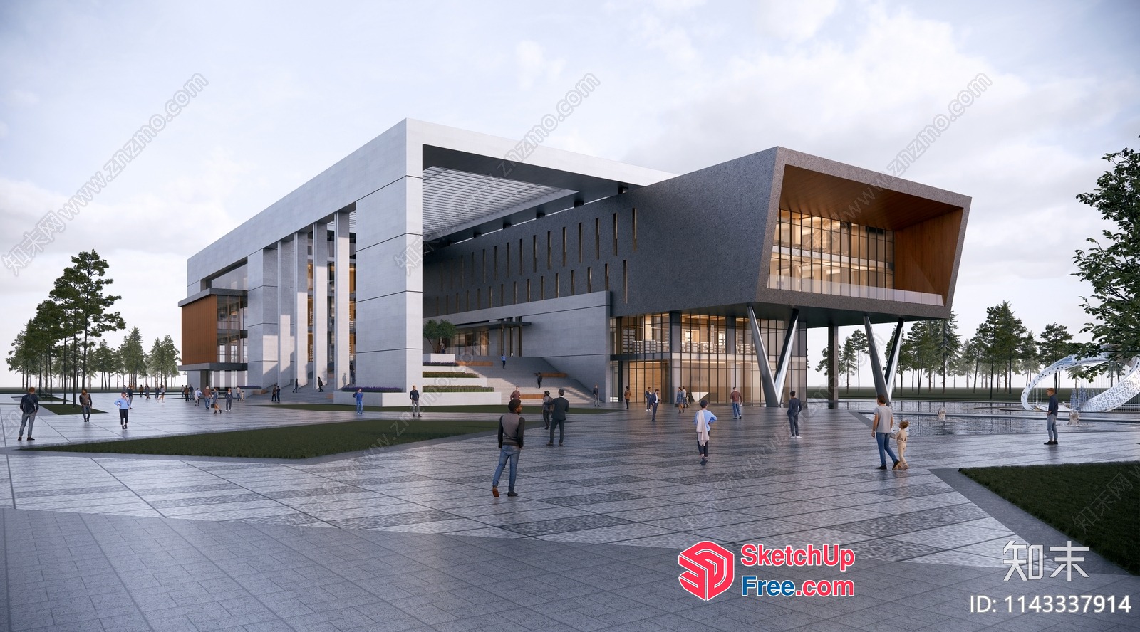Modern Building With Glass Curtain Wall And Stairs 3D SketchUp File