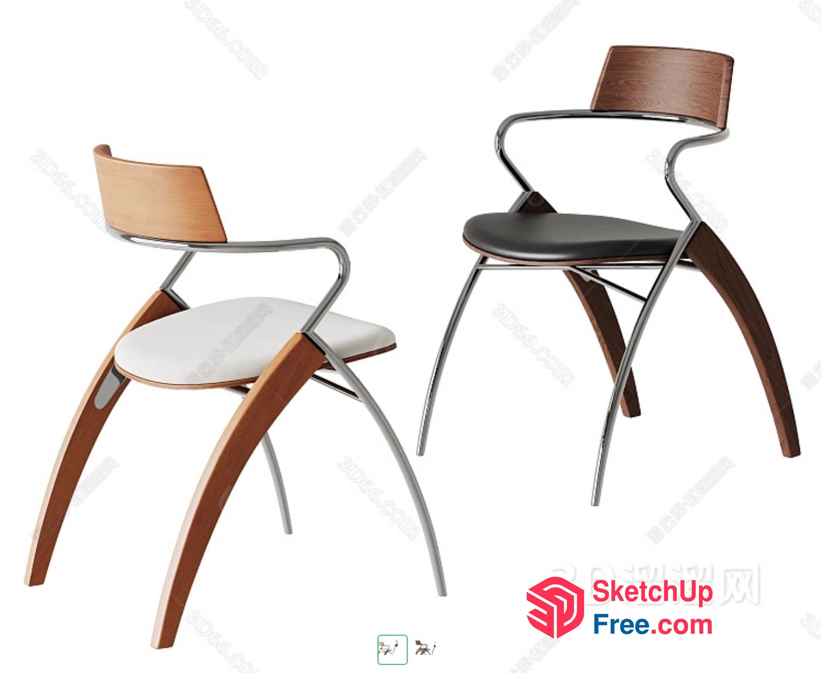 Modern Wooden Chairs With Curved Metal Frames 3D SketchUp File