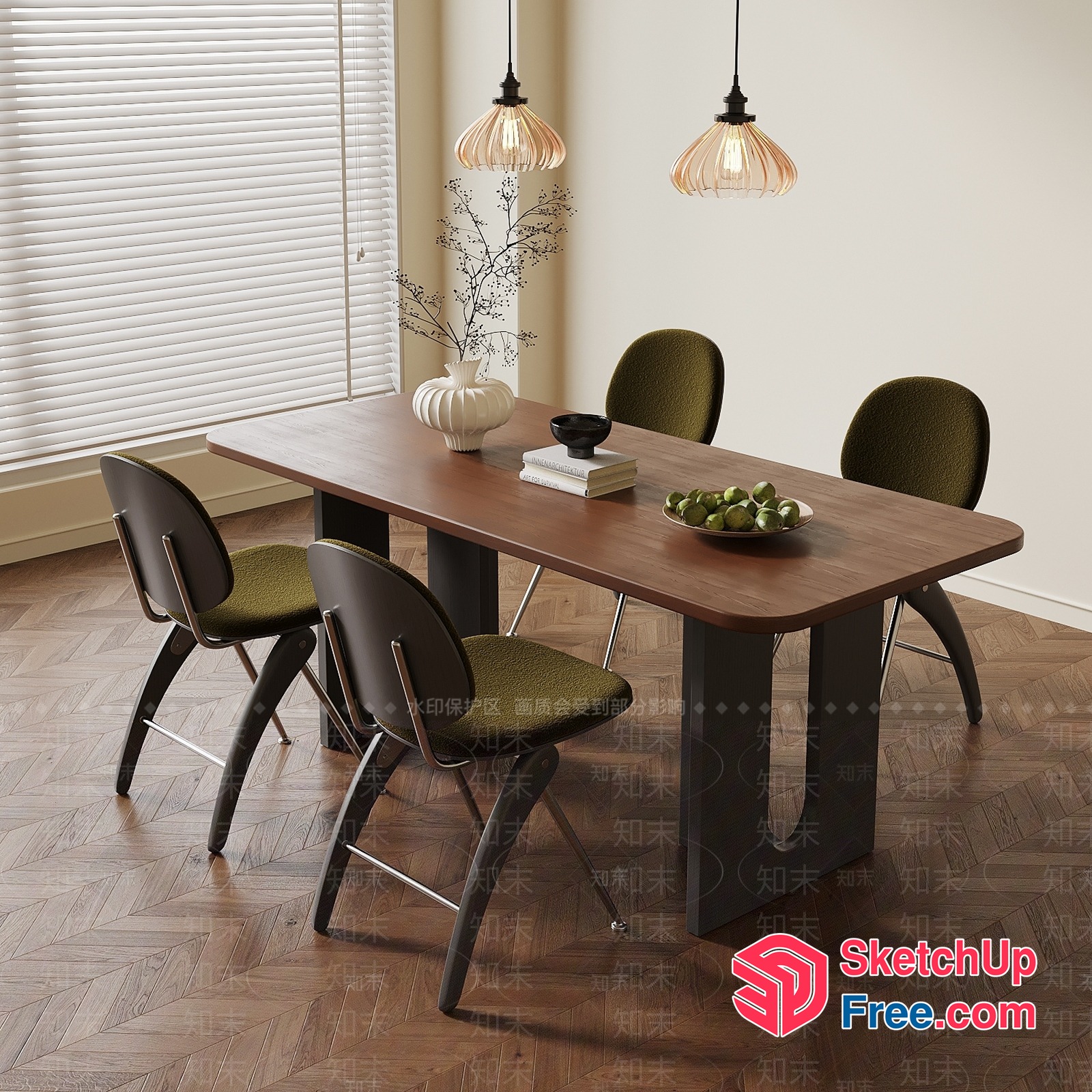 Modern Dining Room With Wooden Table And Green Chairs 3D SketchUp File