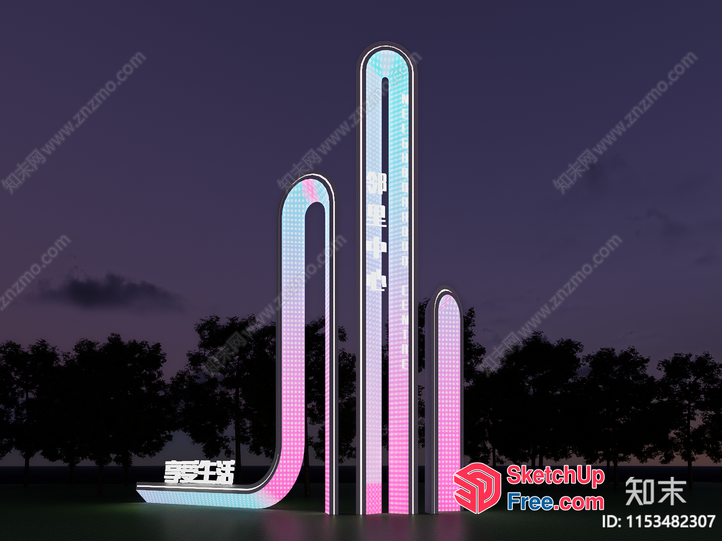 Tall Modern Pillars With Pink And Blue Led Lights 3D SketchUp File